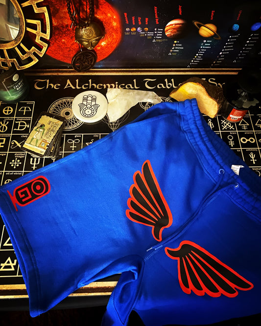 Caduceus shorts in blue, red and black